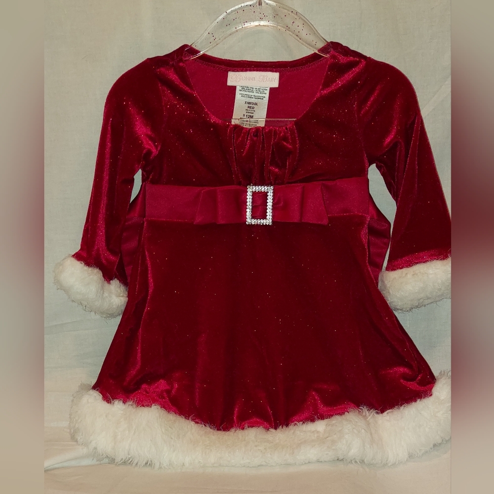 12 mo Bonnie Baby red Christmas dress with white faux fur cuffs